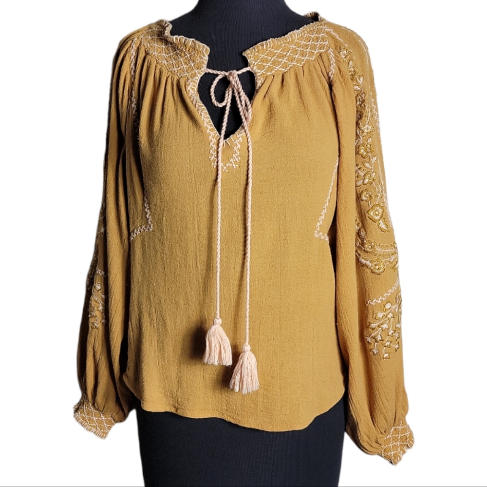 Free People Notting Hill embroidered mustard  yellow peasant top boho women's XS